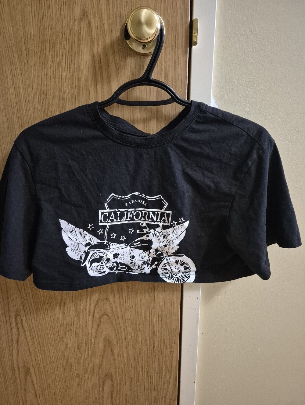 Black Crop Tee with White California Motorcycle Graphic